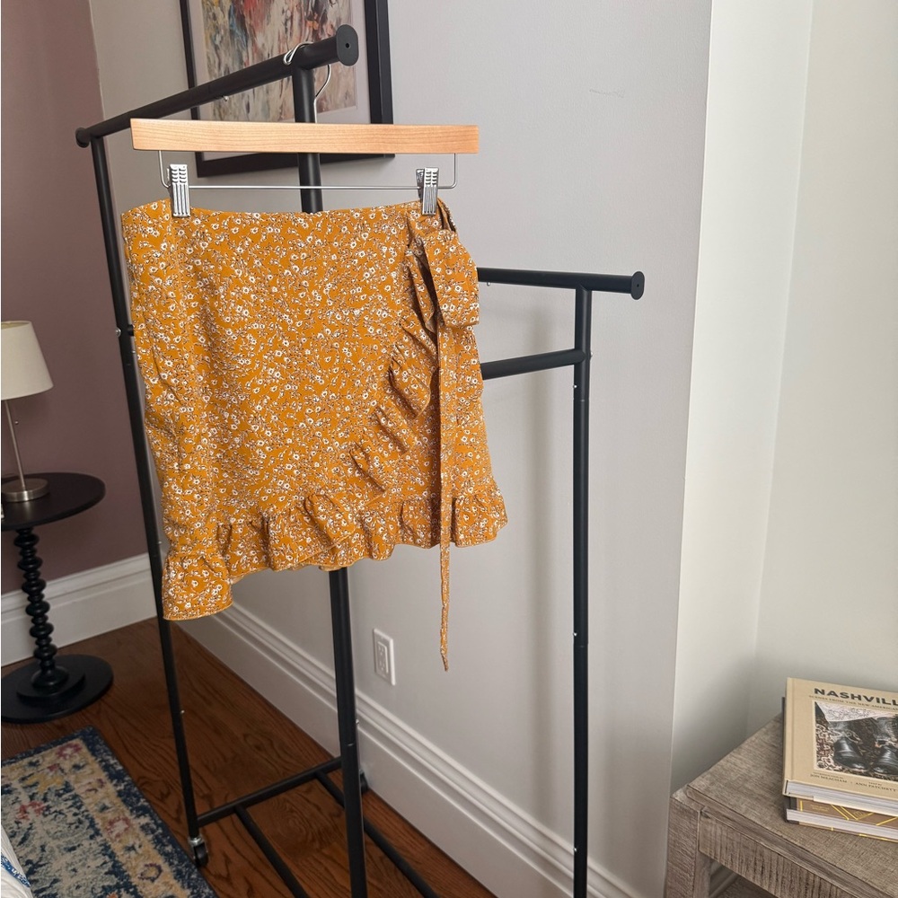 Floral Wrap Mini Skirt - Mustard Yellow